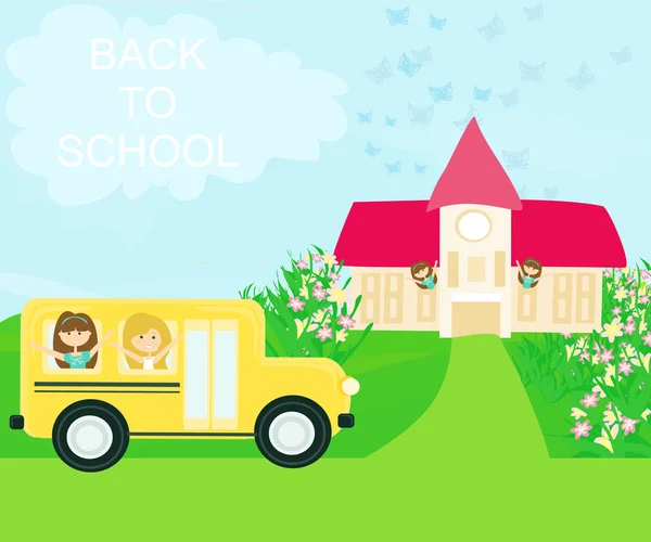 Σχολείο λεωφορείο τίτλο στο σχολείο με χαρούμενα παιδιά — Διανυσματικό Αρχείο