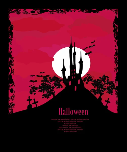 Grungy Halloween Hintergrund mit Geisterhaus, Fledermäuse und Vollmond — Stockvektor
