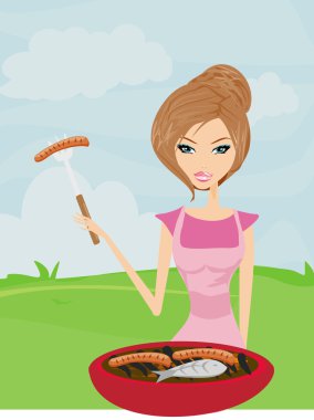 Woman cooking on a grill clipart