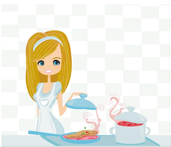 美女在厨房做饭 — 图库矢量图片