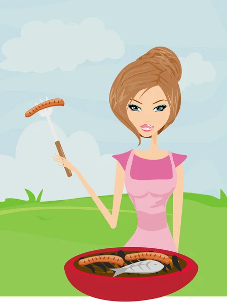 Женщина готовит на гриле — стоковый вектор