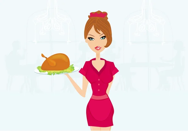 Beautiful Waitress serving a turkey — Stock Vector