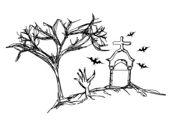 Zombies hand emerging out of the ground in a graveyard - doodles clipart