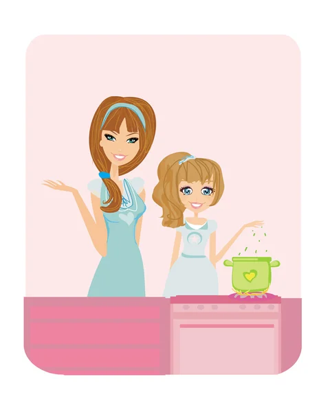 Счастливая мать помогает дочери готовить еду на кухне. — стоковый вектор