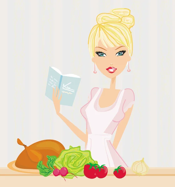 Beautiful lady cooking — Stock Vector