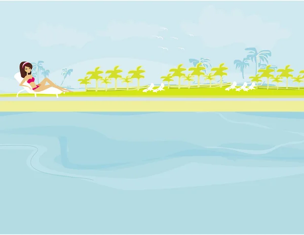 Image vectorielle de fille et piscine tropicale — Image vectorielle