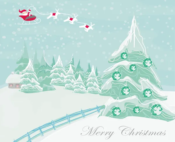Feliz ano novo cartão com Santa e paisagem de inverno —  Vetores de Stock