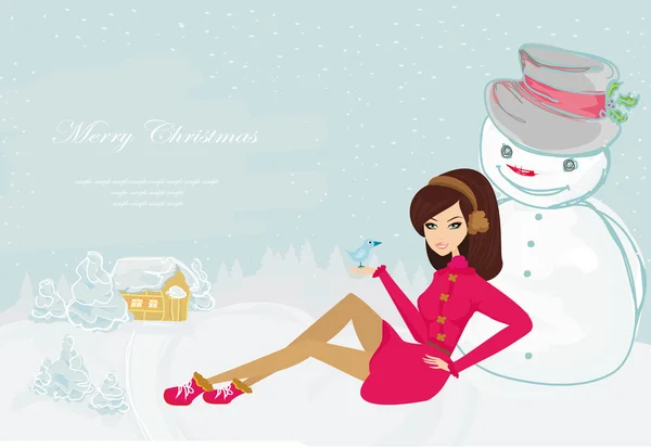 Menina bonita e cartão boneco de neve —  Vetores de Stock