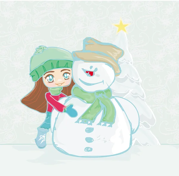 Niña y muñeco de nieve tarjeta — Vector de stock