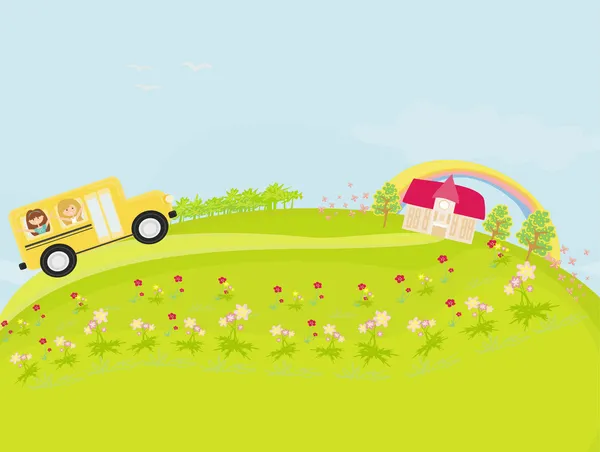 Autobus szkolny zmierzający do szkoły ze szczęśliwymi dziećmi — Wektor stockowy