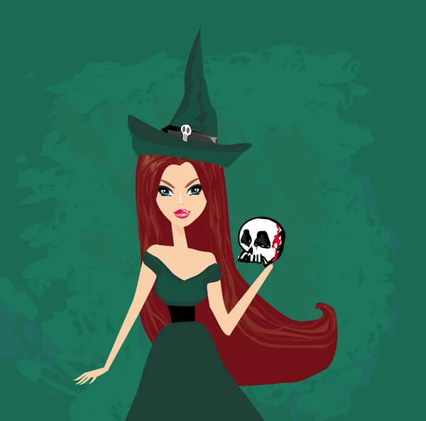 Хэллоуинская ведьма стоит с черепом — стоковый вектор