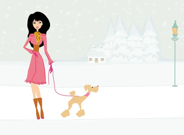 Menina de inverno e seu cão — Vetor de Stock