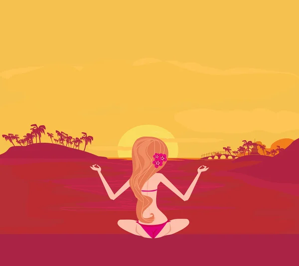 Chica en postura de yoga sobre fondo de verano con palmera — Archivo Imágenes Vectoriales