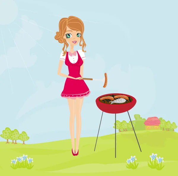 Frau kocht auf einem Grill — Stockvektor