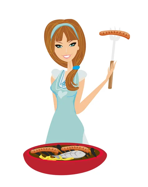 Femme cuisine sur un gril — Image vectorielle
