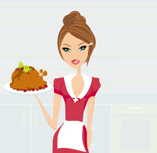 Belle serveuse servant une dinde — Image vectorielle