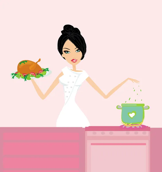 Beautiful lady cooking lunch — Stock Vector