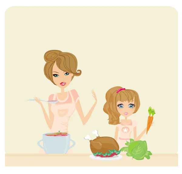 Mãe feliz ajudando sua filha a cozinhar na cozinha — Vetor de Stock