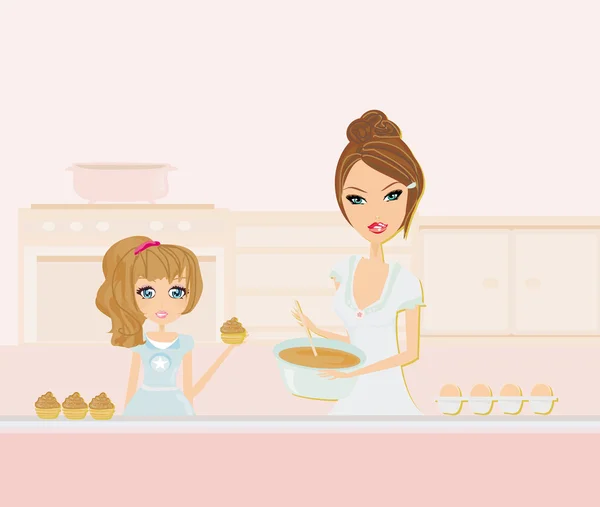Feliz madre ayudando a su hija a cocinar en la cocina — Vector de stock