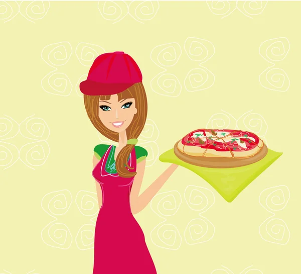 Beautiful waitress enjoys pizza — Stock Vector