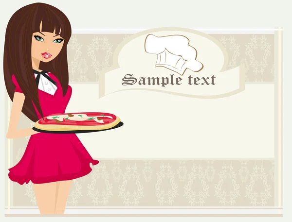 Hermosa camarera disfruta de la pizza — Vector de stock
