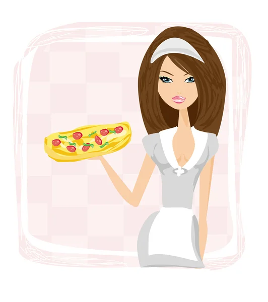 美しいウェイトレス ピザを楽しんでいます — ストックベクタ