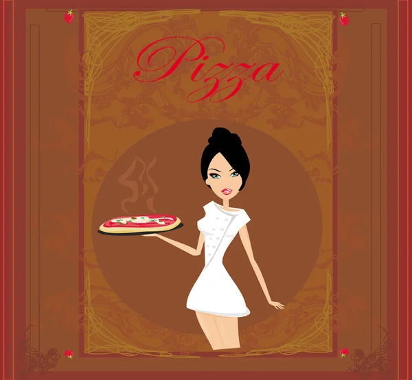 Красивая официантка наслаждается пиццей — стоковый вектор
