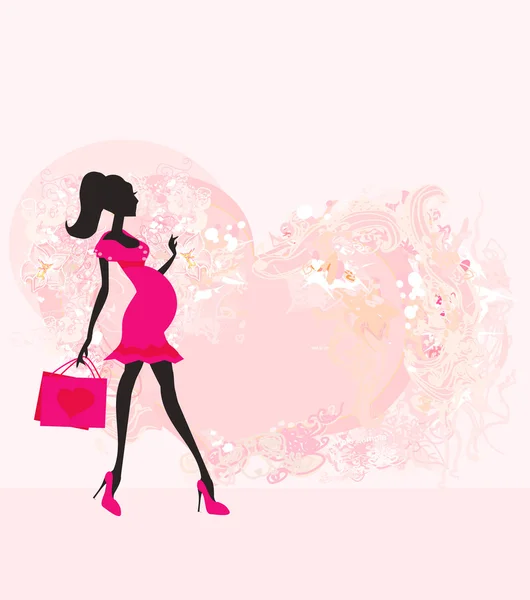 Beautiful pregnant woman on shopping for her new baby- abstract background — Stock Vector