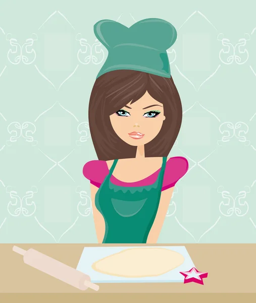 Beautiful lady cooking cakes — Stock Vector