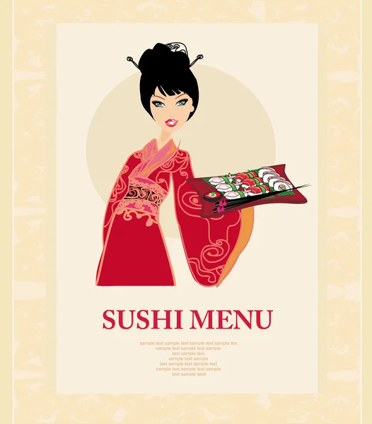 Hermosa chica asiática disfrutar de sushi - plantilla de menú — Vector de stock