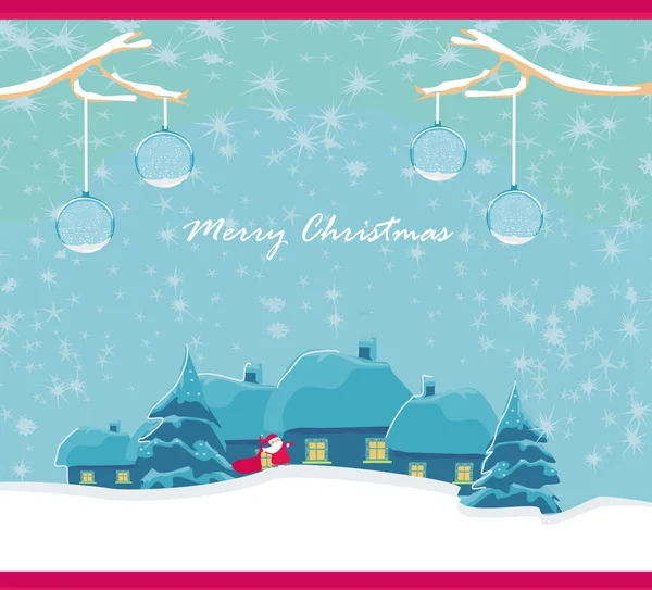 Felice anno nuovo carta con Babbo Natale e paesaggio invernale — Vettoriale Stock