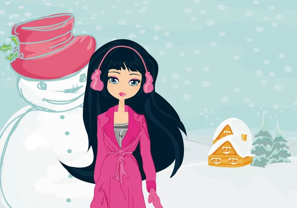Карточка маленькой девочки и снеговика — стоковый вектор
