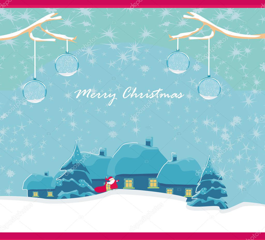 Happy New year card with Santa and winter landscape