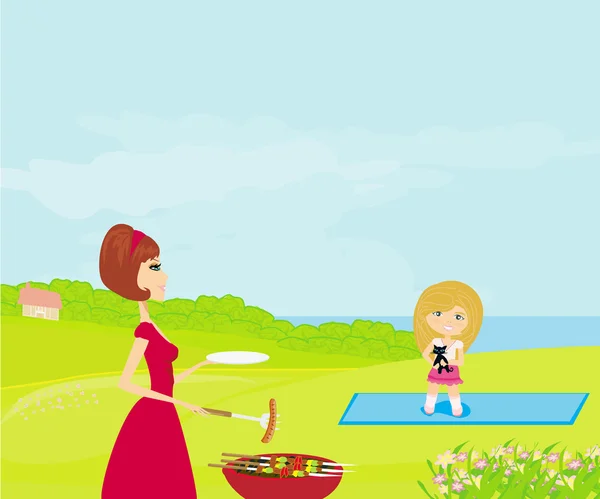 Wektorowa ilustracja rodziny urządzającej piknik w parku — Wektor stockowy