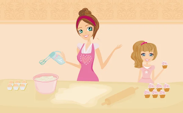 快乐的妈妈在厨房帮女儿做饭 — 图库矢量图片