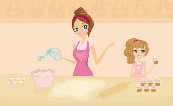 Gelukkig moeder helpen haar dochter koken in de keuken — Stockvector