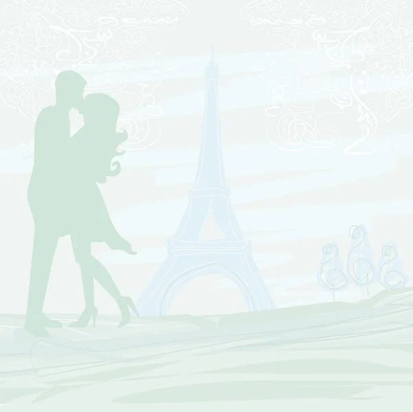 Hochzeitspaar in Paris küsst sich in der Nähe des Eiffelturms — Stockvektor