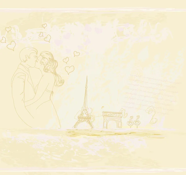 Свадебная пара в Париже целуется у Эйфелевой башни — стоковый вектор