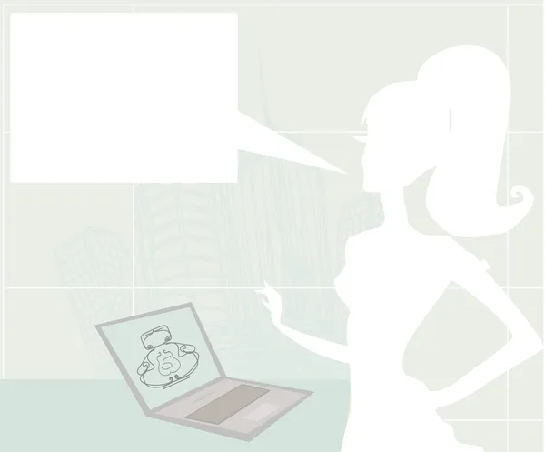 オンラインショッピング-若い笑顔の女性がノートパソコンで座っている — ストックベクタ