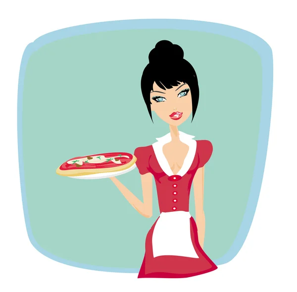 Beautiful waitress enjoys pizza — Stock Vector