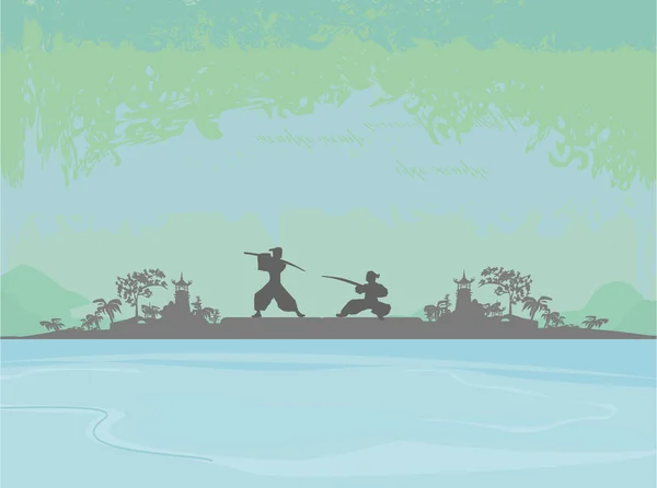 Oud papier met Samurai silhouet — Stockvector