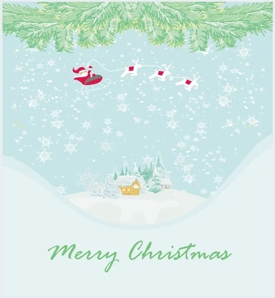 Feliz año nuevo tarjeta con Santa y paisaje de invierno — Vector de stock