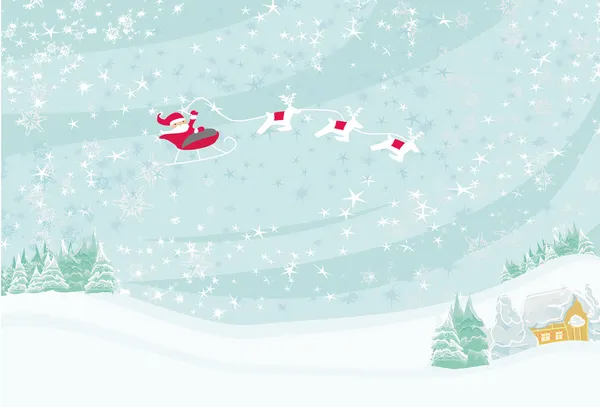 Ευτυχισμένο το Νέο Έτος κάρτα με Σάντα και το χειμερινό τοπίο — Διανυσματικό Αρχείο
