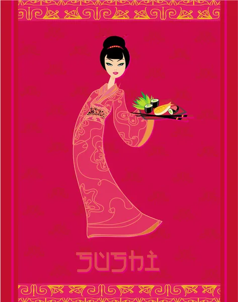 Krásná asijská dívka těšit sushi - menu šablona — Stockový vektor