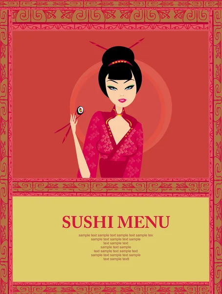 Schöne asiatische Mädchen genießen Sushi - Menüvorlage — Stockvektor