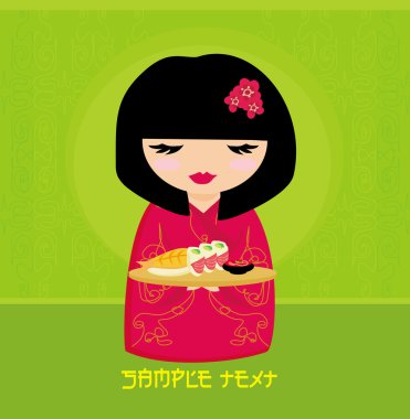 Güzel Asyalı kız suşinin tadını çıkar - menü şablonu