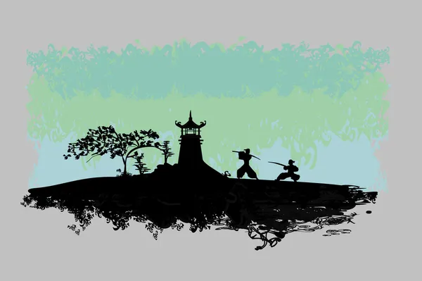 Samurai silhouette in asiatico paesaggio — Vettoriale Stock
