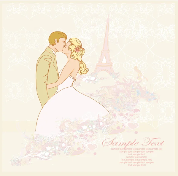 エッフェル塔の近くでキスをするパリの結婚式のカップル — ストックベクタ