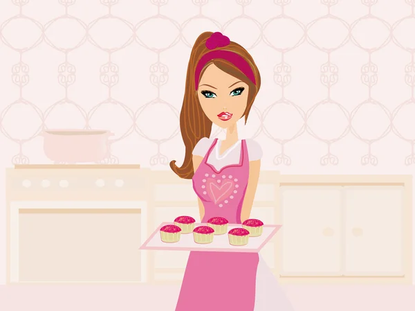 Hermosa señora cocinar pasteles — Vector de stock