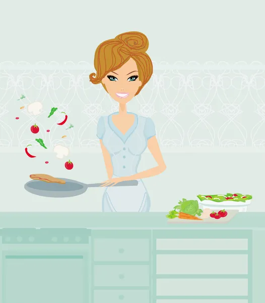 Beautiful lady cooking vegetables in kitchen — Stock Vector